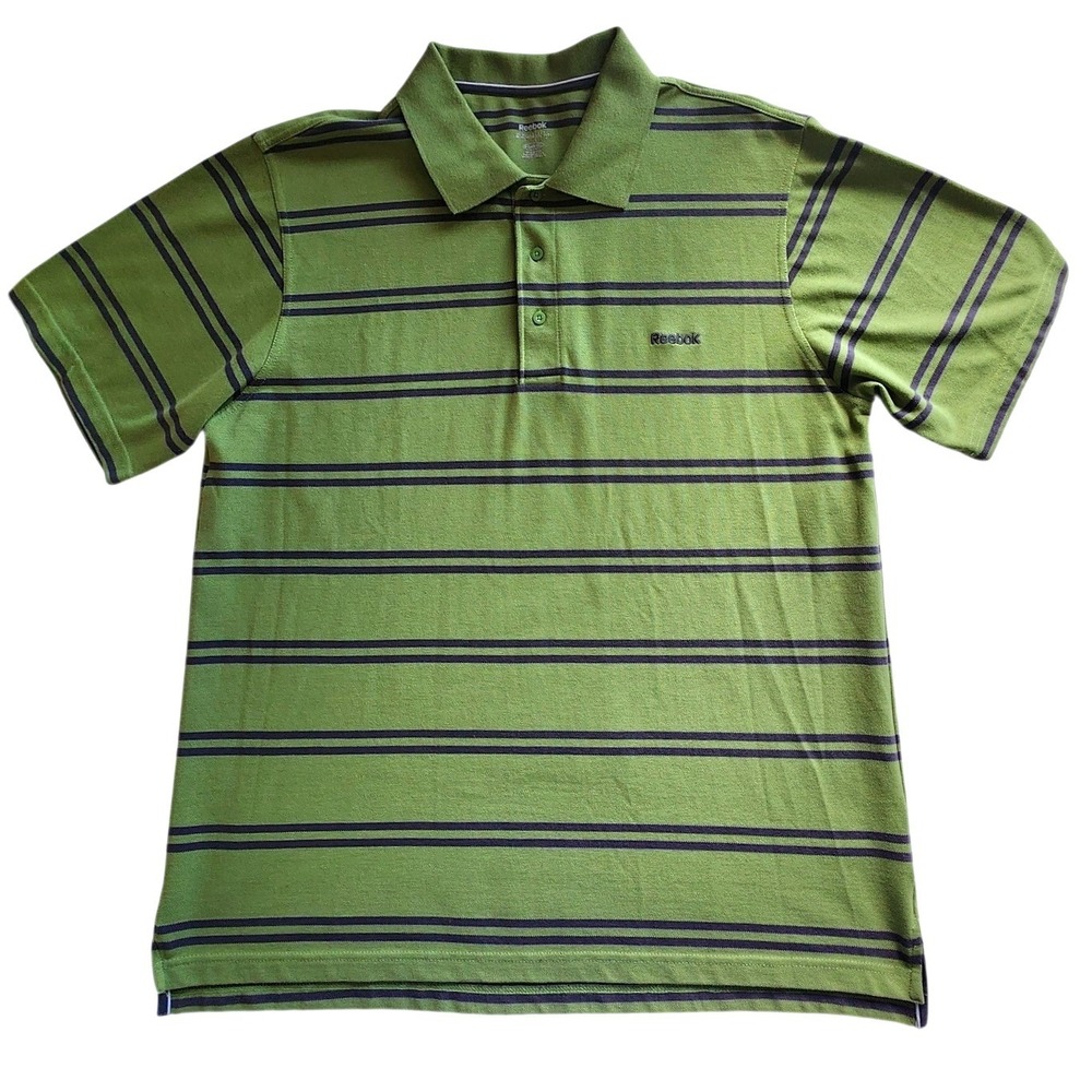 Reebok Mens Polo Shirt Green Navy Blue Striped Short Sleeve Cotton Blend XL